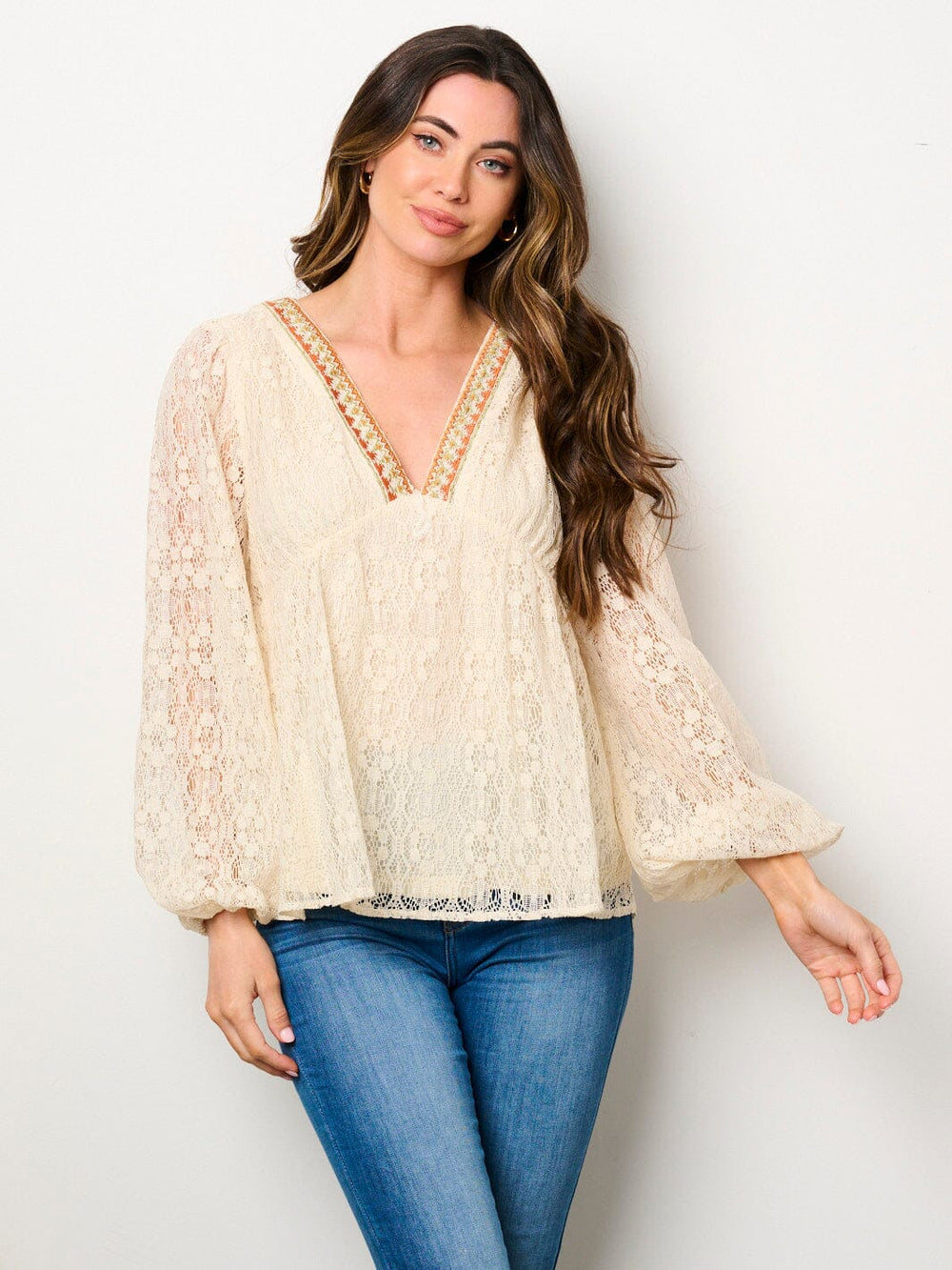 WOMEN'S LONG SLEEVE V-NECK EMBROIDERY NECK DETAILED BLOUSE TOP