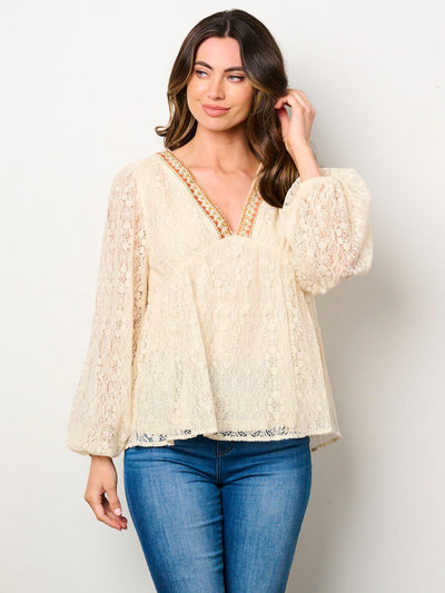 WOMEN'S LONG SLEEVE V-NECK EMBROIDERY NECK DETAILED BLOUSE TOP