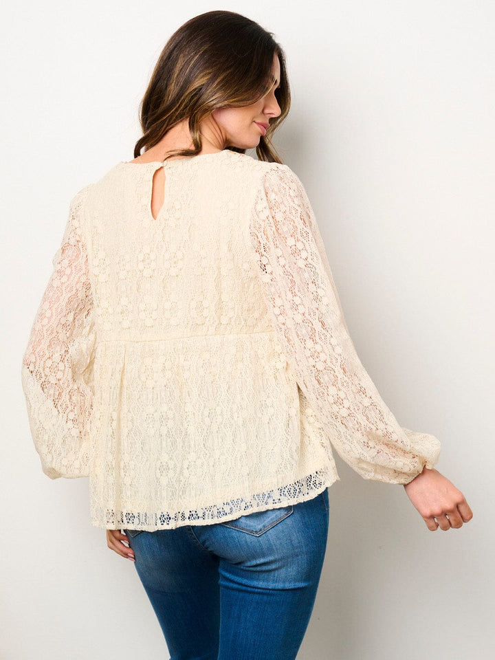WOMEN'S LONG SLEEVE V-NECK EMBROIDERY NECK DETAILED BLOUSE TOP
