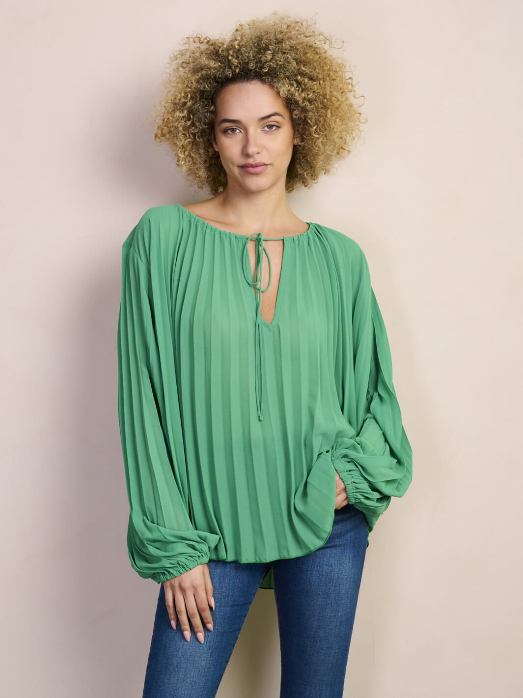 WOMEN'S LONG PUFF SLEEVE V-NECK PLEATED BLOUSE TOP