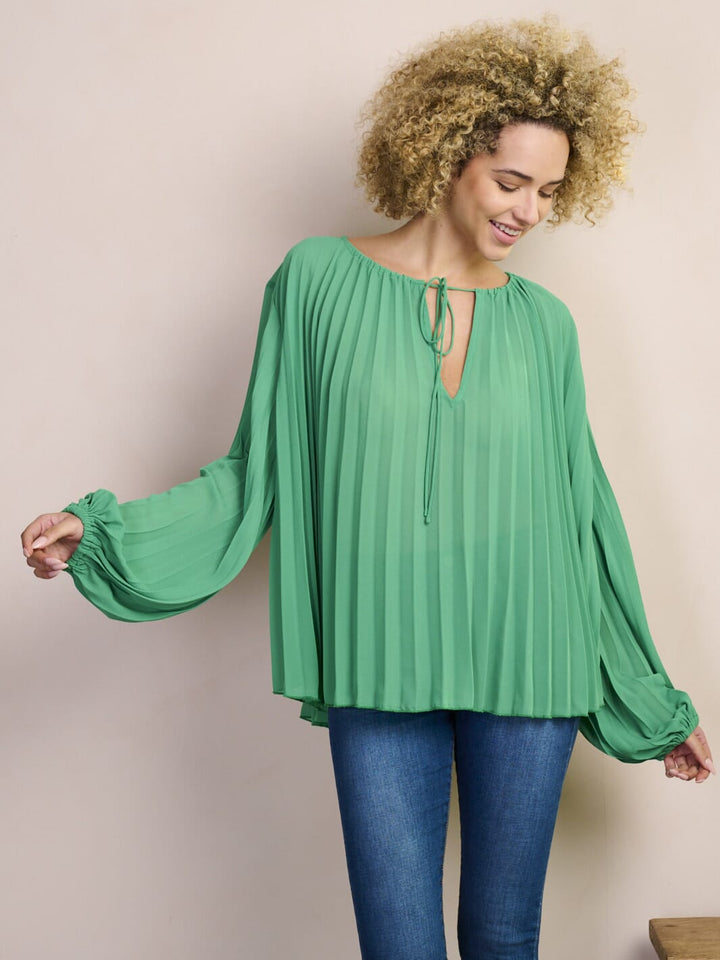 WOMEN'S LONG PUFF SLEEVE V-NECK PLEATED BLOUSE TOP