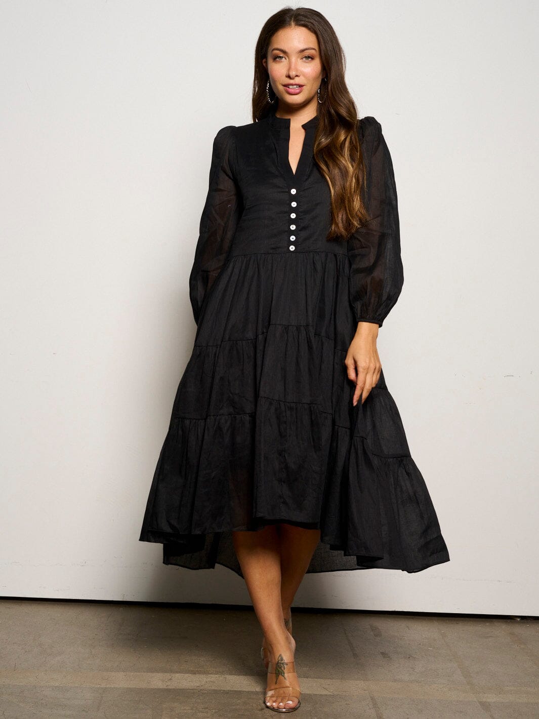 WOMEN'S LONG SLEEVE V-NECK BUTTON UP TIERED MAXI DRESS