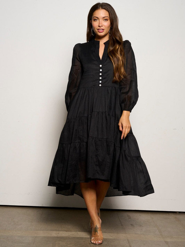 WOMEN'S LONG SLEEVE V-NECK BUTTON UP TIERED MAXI DRESS