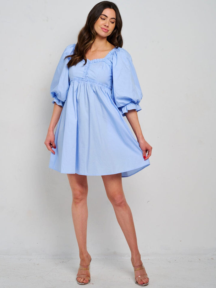WOMEN'S SHORT PUFF SLEEVE TRIM DETAILED SMOCK FRONT POCKETS MINI DRESS