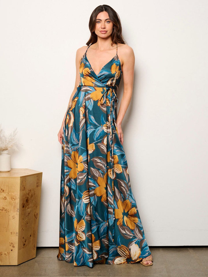 WOMEN'S SLEEVELESS V-NECK OPEN BACK FLORAL WRAP MAXI DRESS