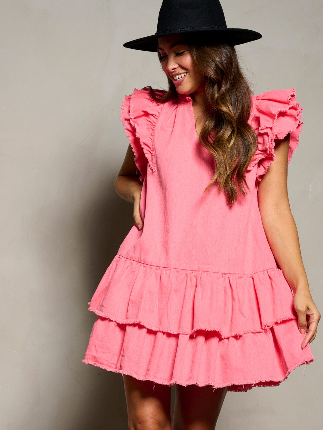 WOMEN'S SHORT RUFFLE SLEEVE V-NECK TIERED TUNIC MINI DRESS