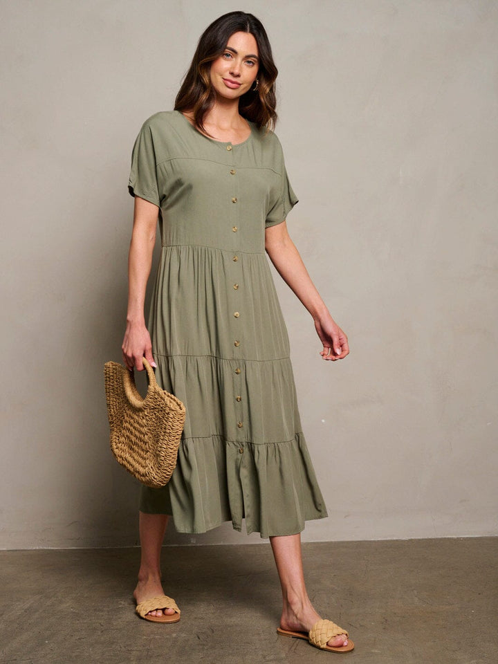 WOMEN'S SHORT SLEEVE TIERED BUTTON UP MAXI DRESS
