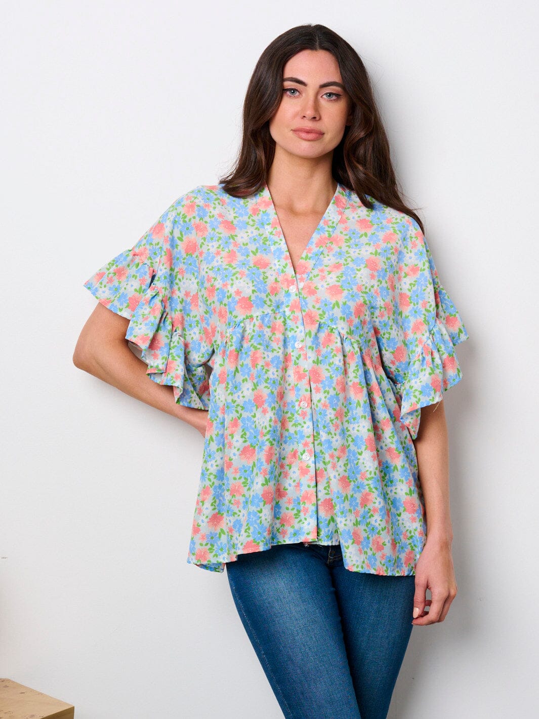 WOMEN'S SHORT SLEEVE V-NECK LACE UP BACK FLORAL TUNIC TOP