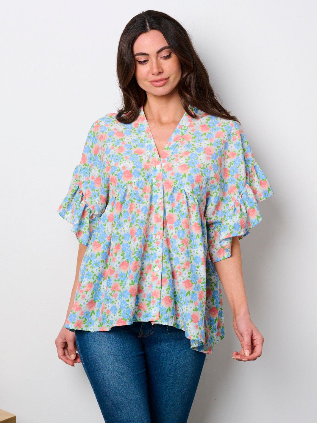 WOMEN'S SHORT SLEEVE V-NECK LACE UP BACK FLORAL TUNIC TOP