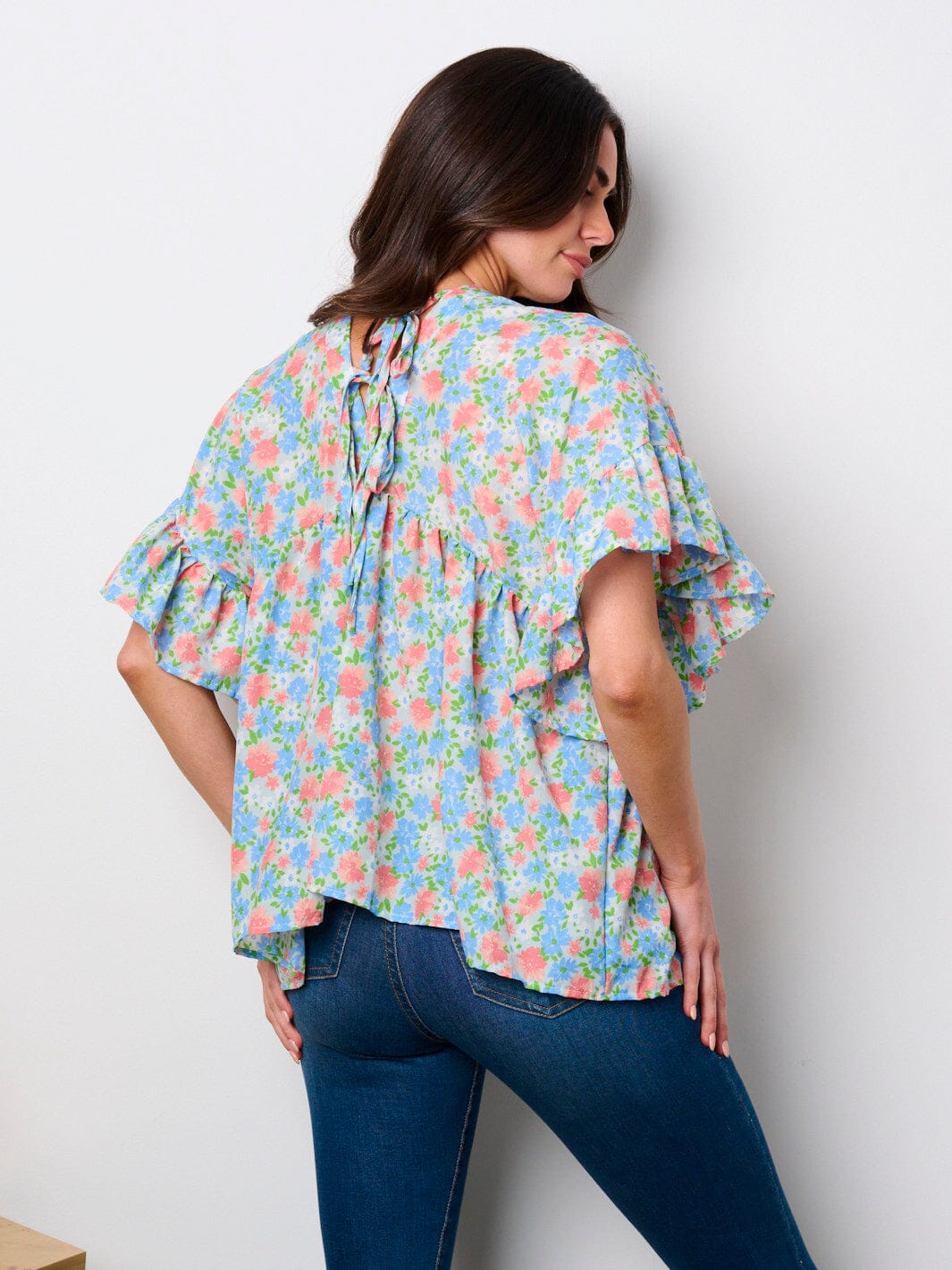 WOMEN'S SHORT SLEEVE V-NECK LACE UP BACK FLORAL TUNIC TOP