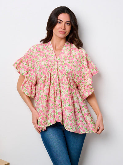 WOMEN'S SHORT SLEEVE V-NECK LACE UP BACK FLORAL TUNIC TOP