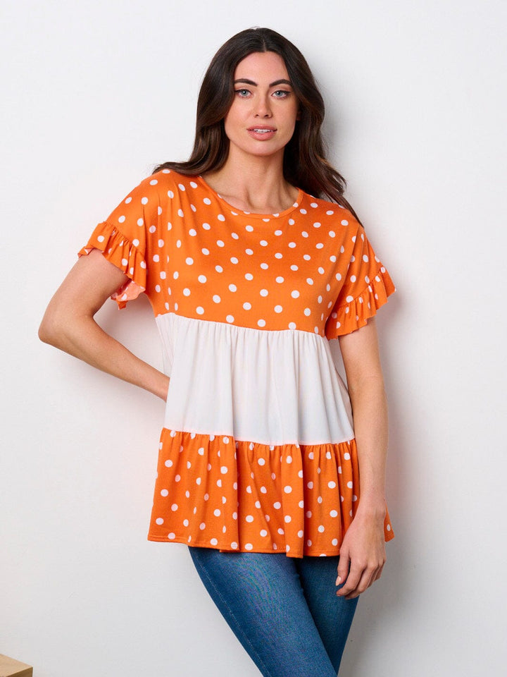WOMEN'S SHORT SLEEVE POLKA DOT COLORBLOCK TUNIC TOP