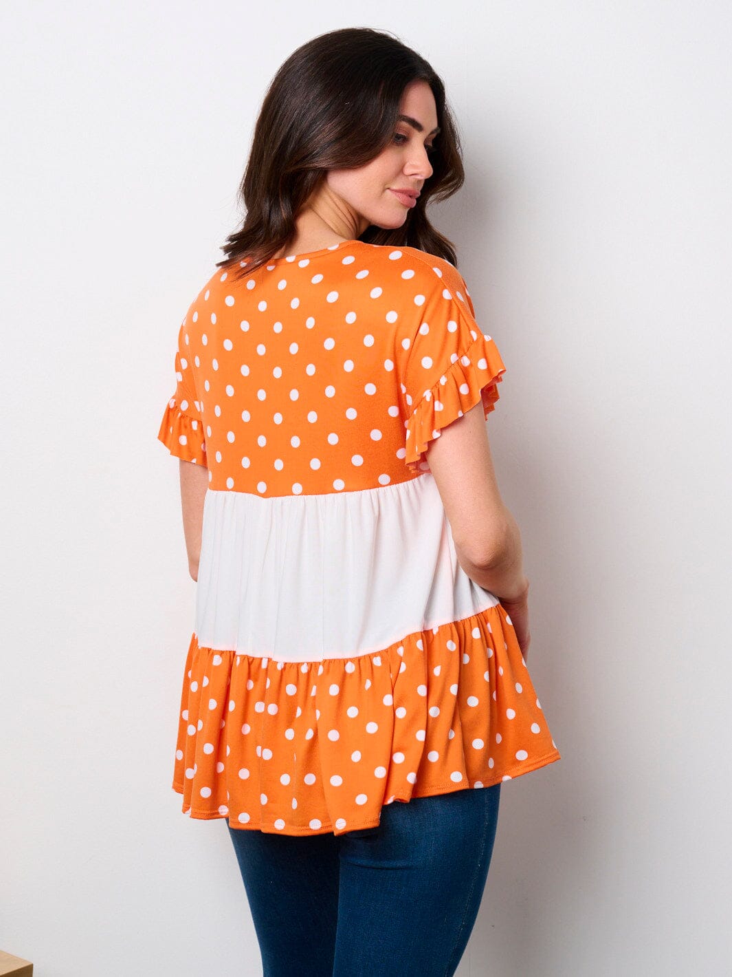 WOMEN'S SHORT SLEEVE POLKA DOT COLORBLOCK TUNIC TOP