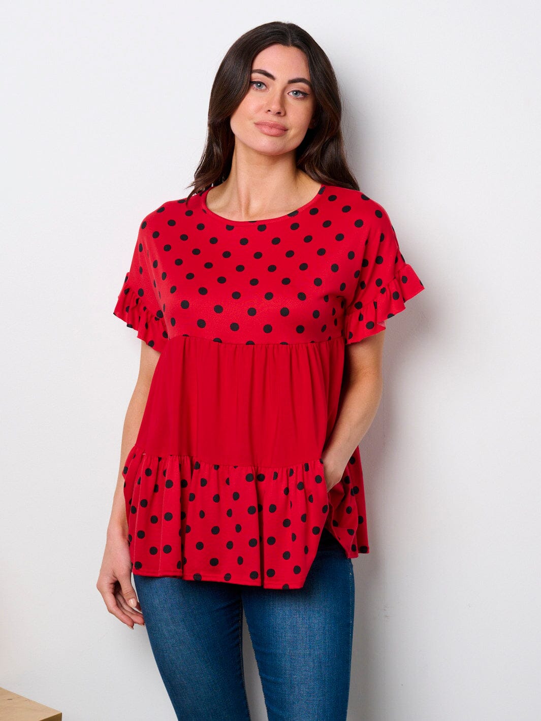 WOMEN'S SHORT SLEEVE POLKA DOT COLORBLOCK TUNIC TOP