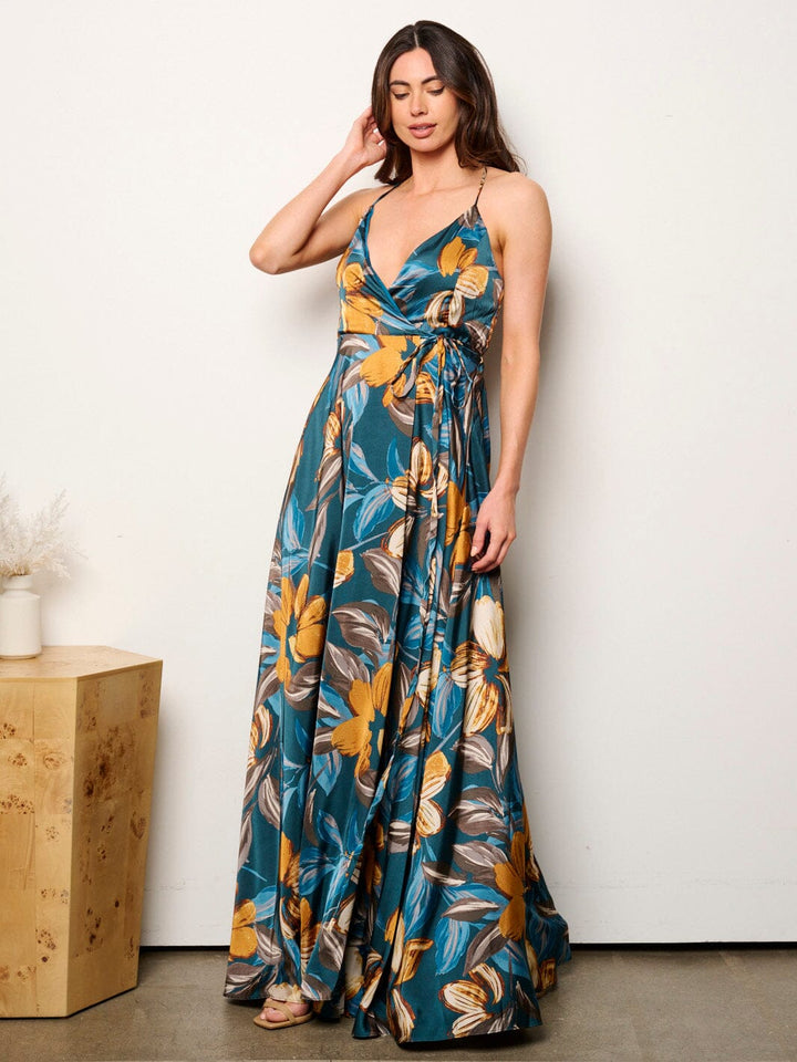 WOMEN'S SLEEVELESS V-NECK OPEN BACK FLORAL WRAP MAXI DRESS