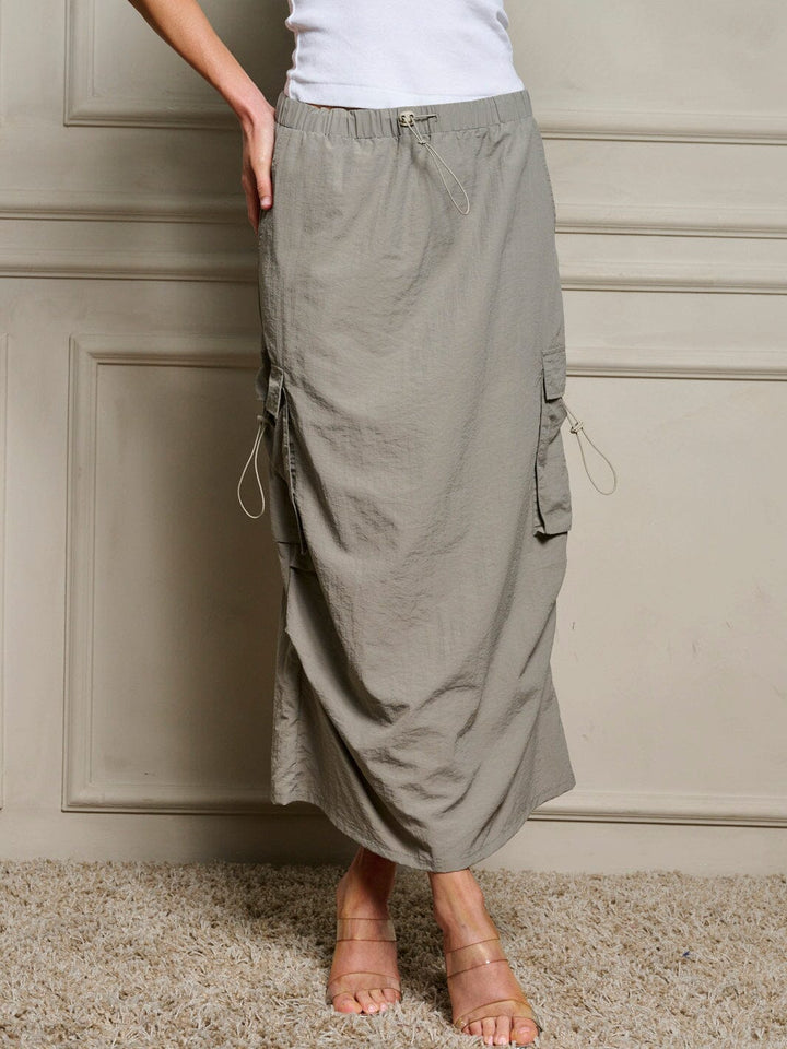 WOMEN'S ELASTIC WAIST CARGO POCKETS MAXI SKIRT