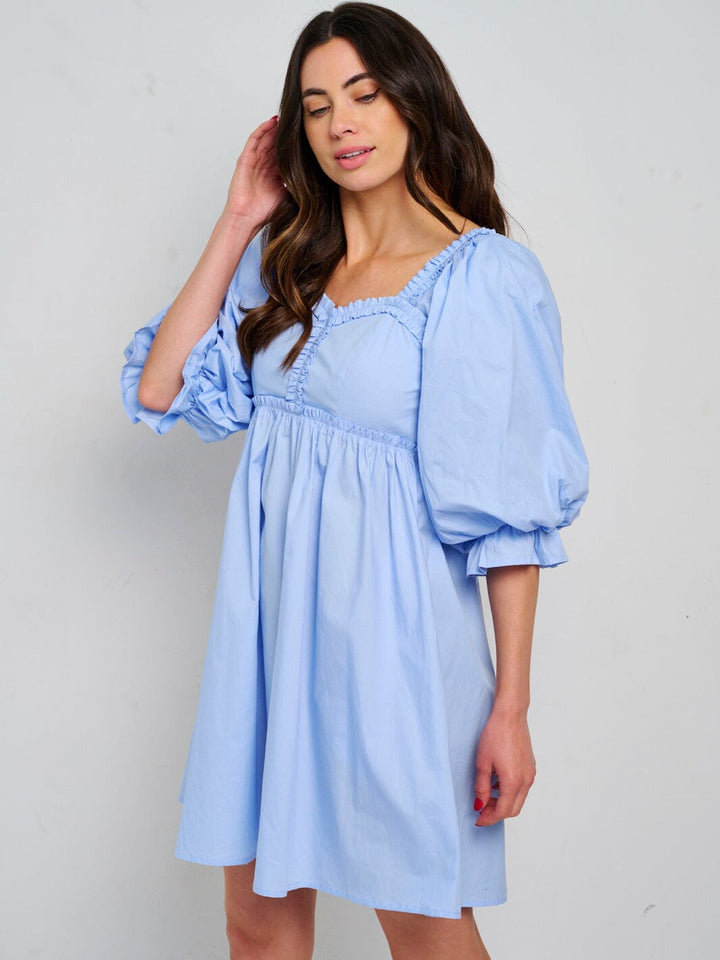 WOMEN'S SHORT PUFF SLEEVE TRIM DETAILED SMOCK FRONT POCKETS MINI DRESS