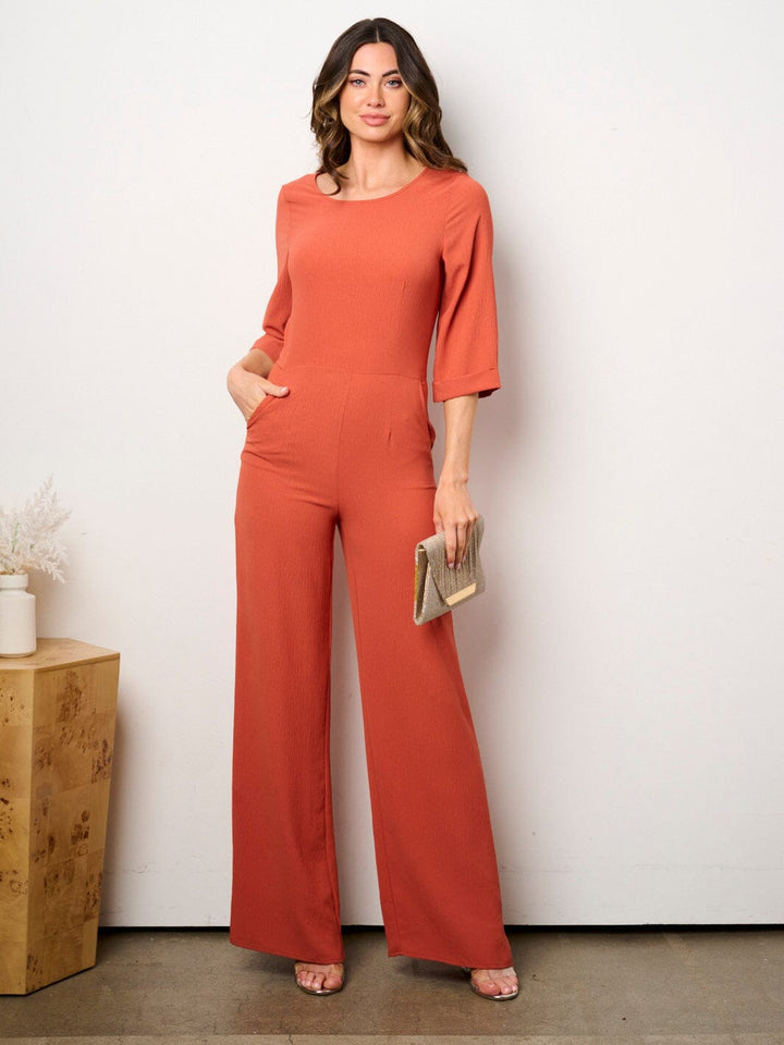 WOMEN'S SHORT SLEEVE POCKETS SOLID WIDE LEG JUMPSUIT