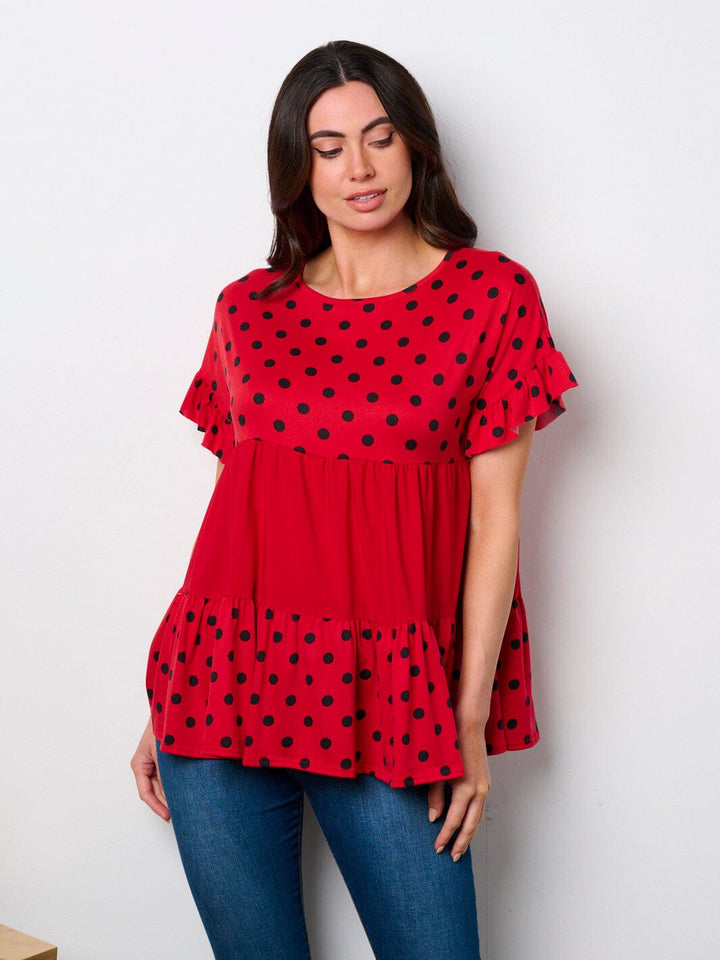 WOMEN'S SHORT SLEEVE POLKA DOT COLORBLOCK TUNIC TOP