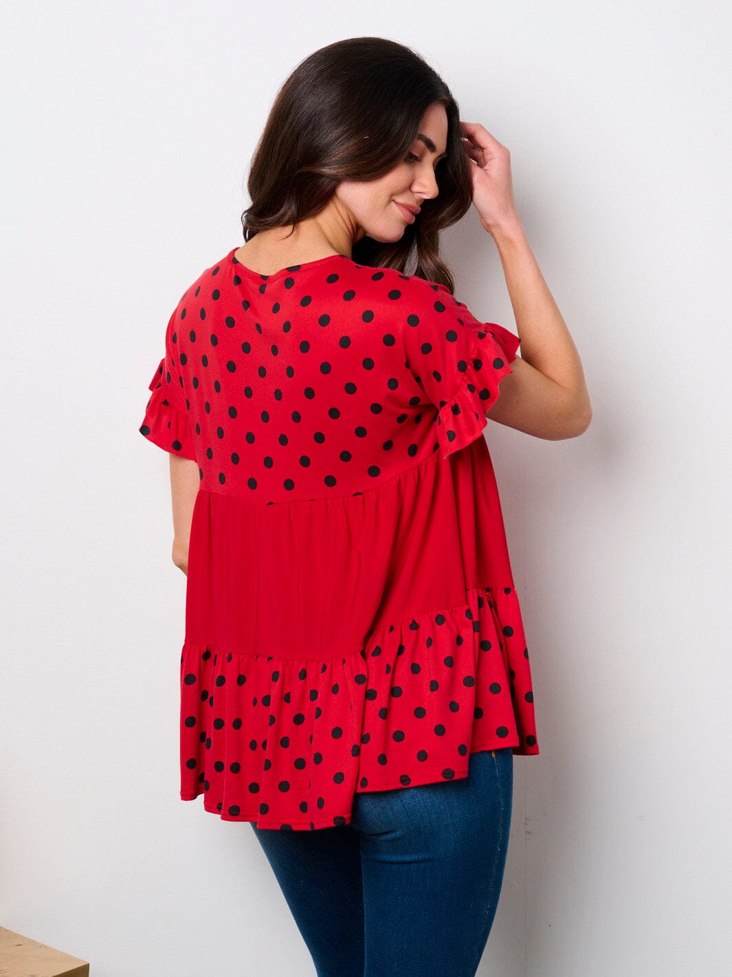 WOMEN'S SHORT SLEEVE POLKA DOT COLORBLOCK TUNIC TOP