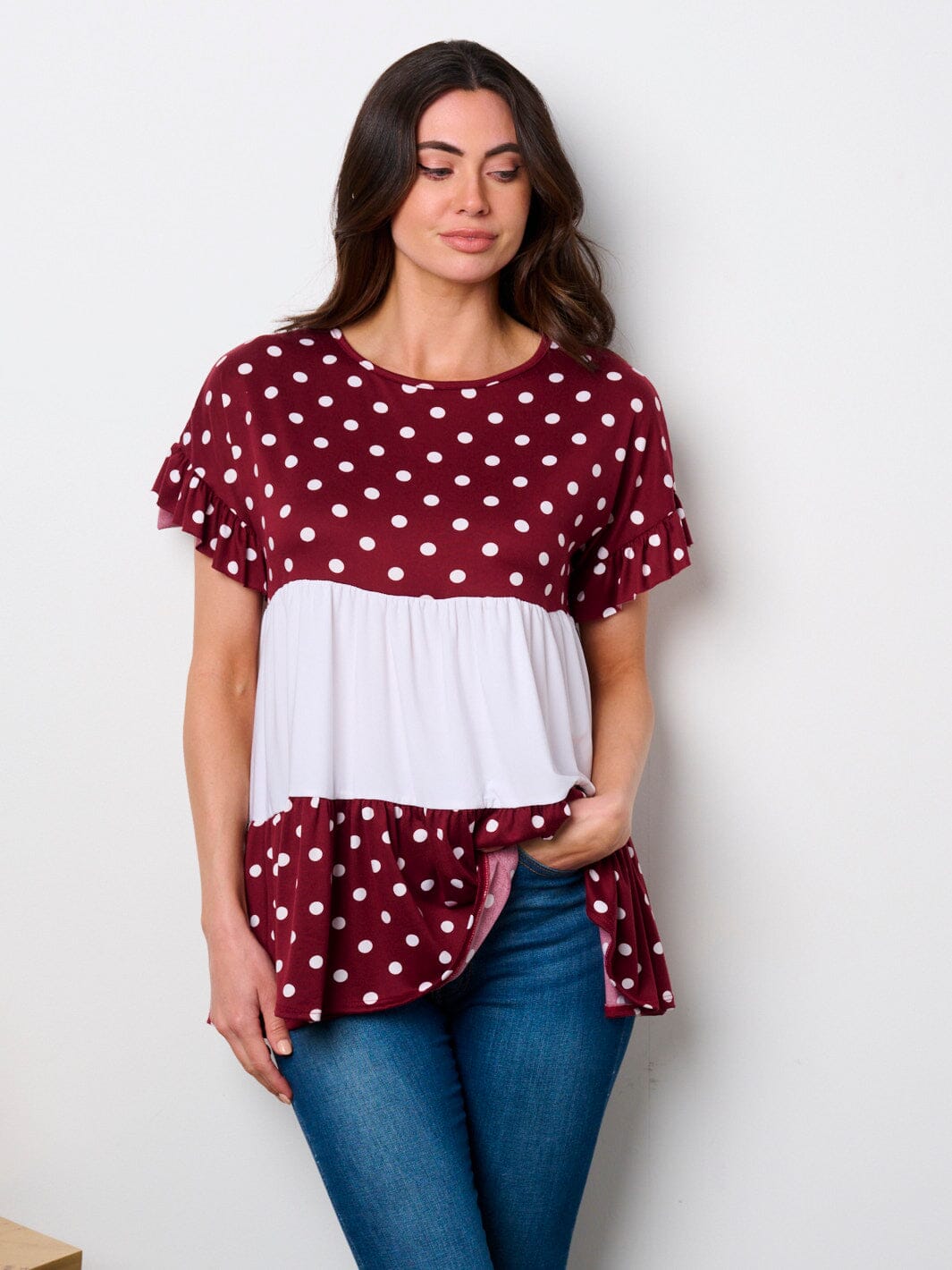 WOMEN'S SHORT SLEEVE POLKA DOT COLORBLOCK TUNIC TOP