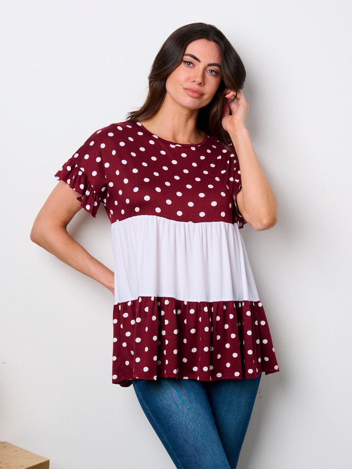 WOMEN'S SHORT SLEEVE POLKA DOT COLORBLOCK TUNIC TOP