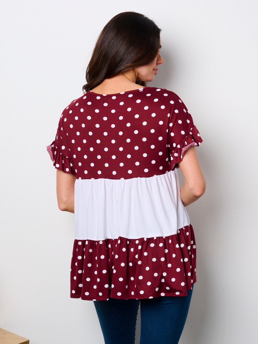 WOMEN'S SHORT SLEEVE POLKA DOT COLORBLOCK TUNIC TOP