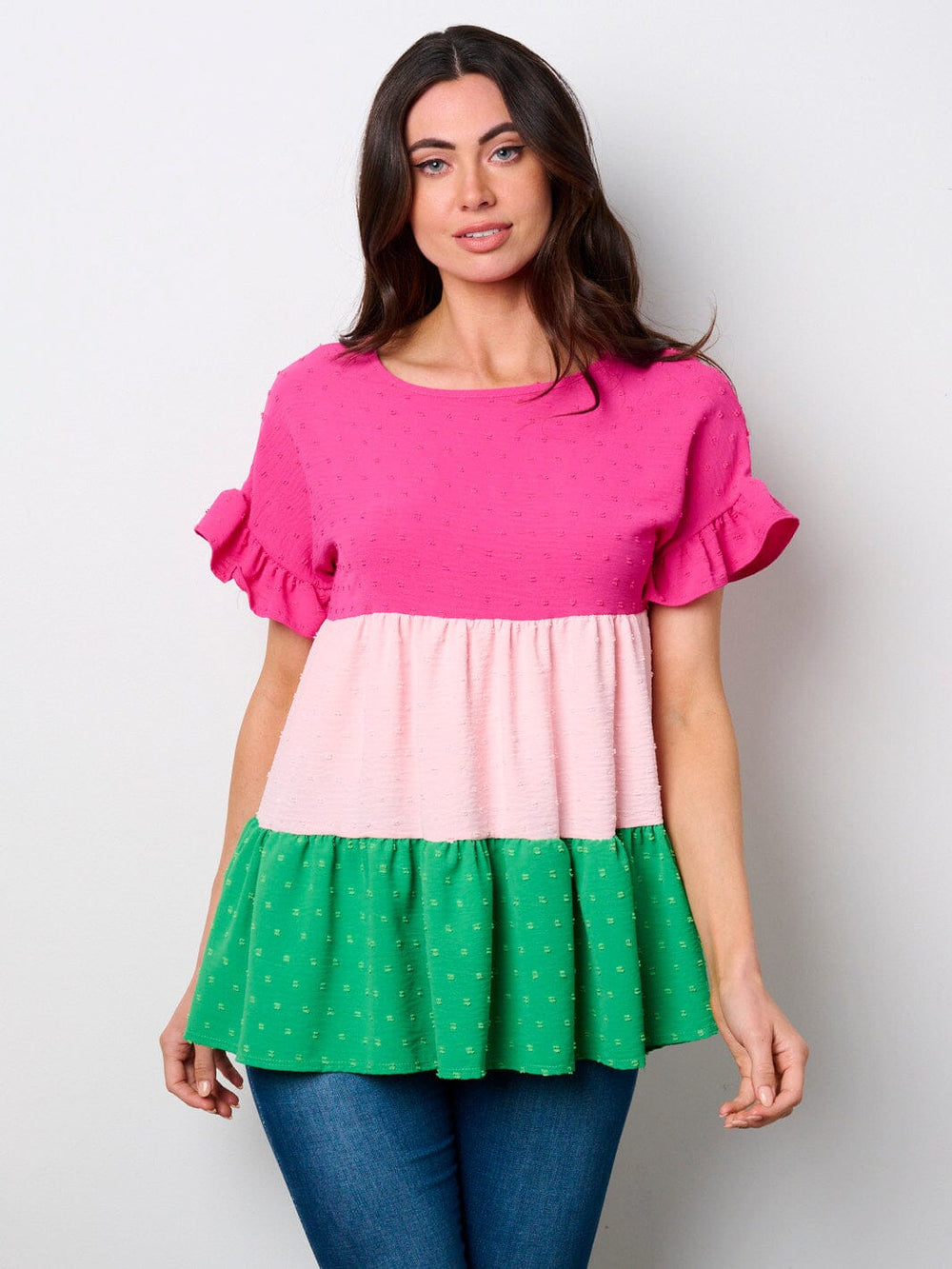 WOMEN'S SHORT SLEEVE TIERED COLORBLOCK TUNIC SWISS TOP