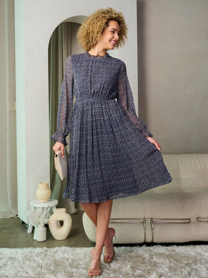 WOMEN'S LONG SLEEVES ELASTIC WAIST FLORAL MIDI DRESS