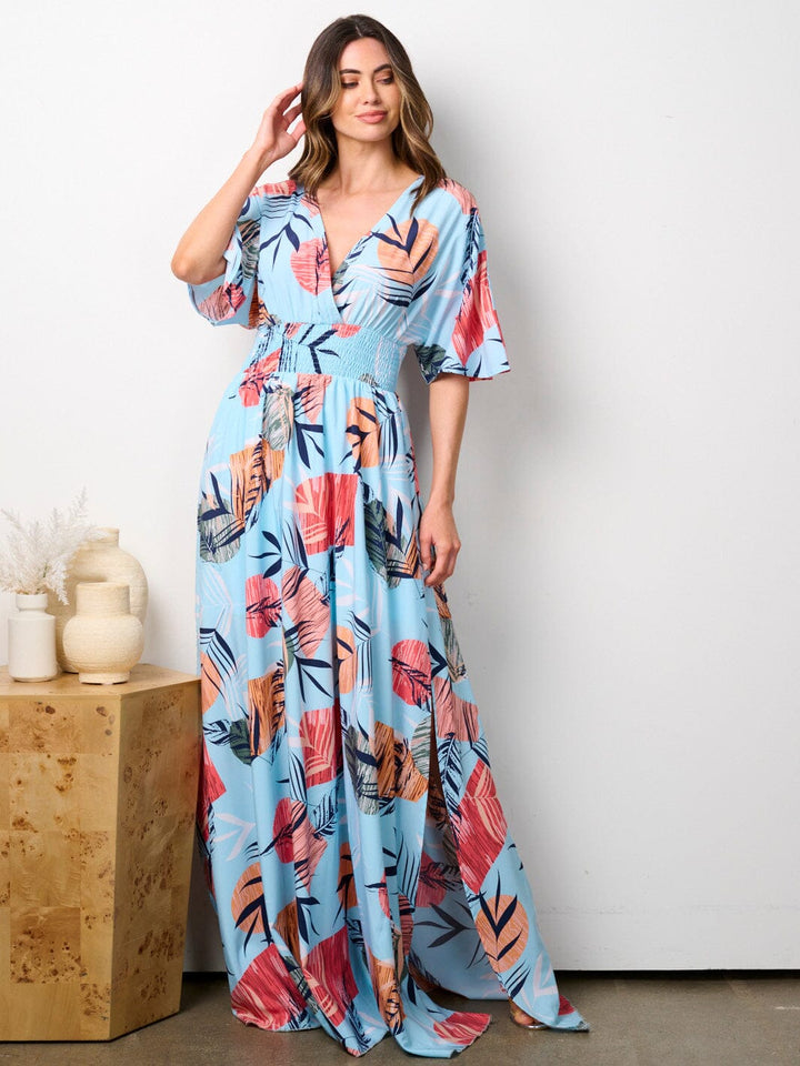 WOMEN'S SHORT SLEEVE SURPLICE SMOCK WAIST PRINTED MAXI DRESS