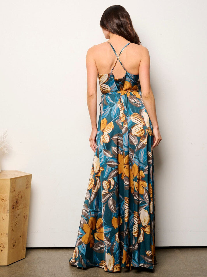 WOMEN'S SLEEVELESS V-NECK OPEN BACK FLORAL WRAP MAXI DRESS