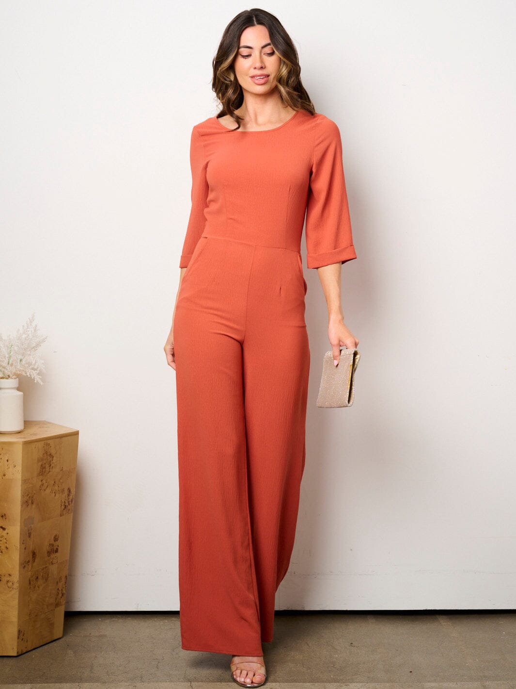 WOMEN'S SHORT SLEEVE POCKETS SOLID WIDE LEG JUMPSUIT
