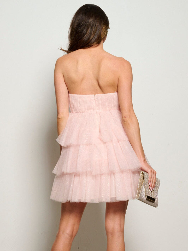 WOMEN'S SLEEVELESS TIERED RUFFLE SHIMMER TUBE MINI DRESS