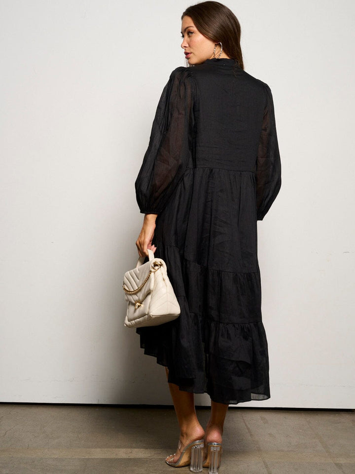 WOMEN'S LONG SLEEVE V-NECK BUTTON UP TIERED MAXI DRESS