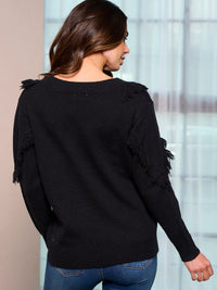 WOMEN'S LONG SLEEVE V-NECK FRINGE DETILED PULLOVER SWEATER