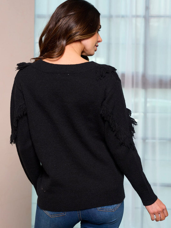 WOMEN'S LONG SLEEVE V-NECK FRINGE DETILED PULLOVER SWEATER