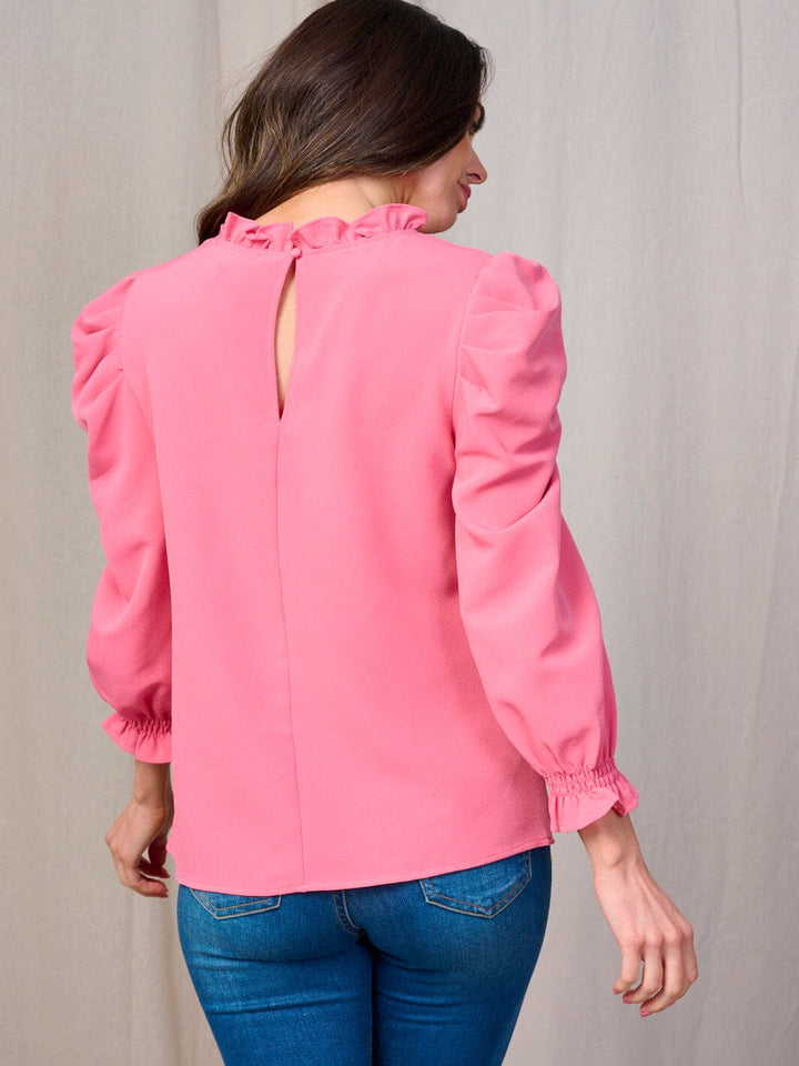 WOMEN'S LONG PUFF SLEEVES RUFFLE TRIM NECK BLOUSE