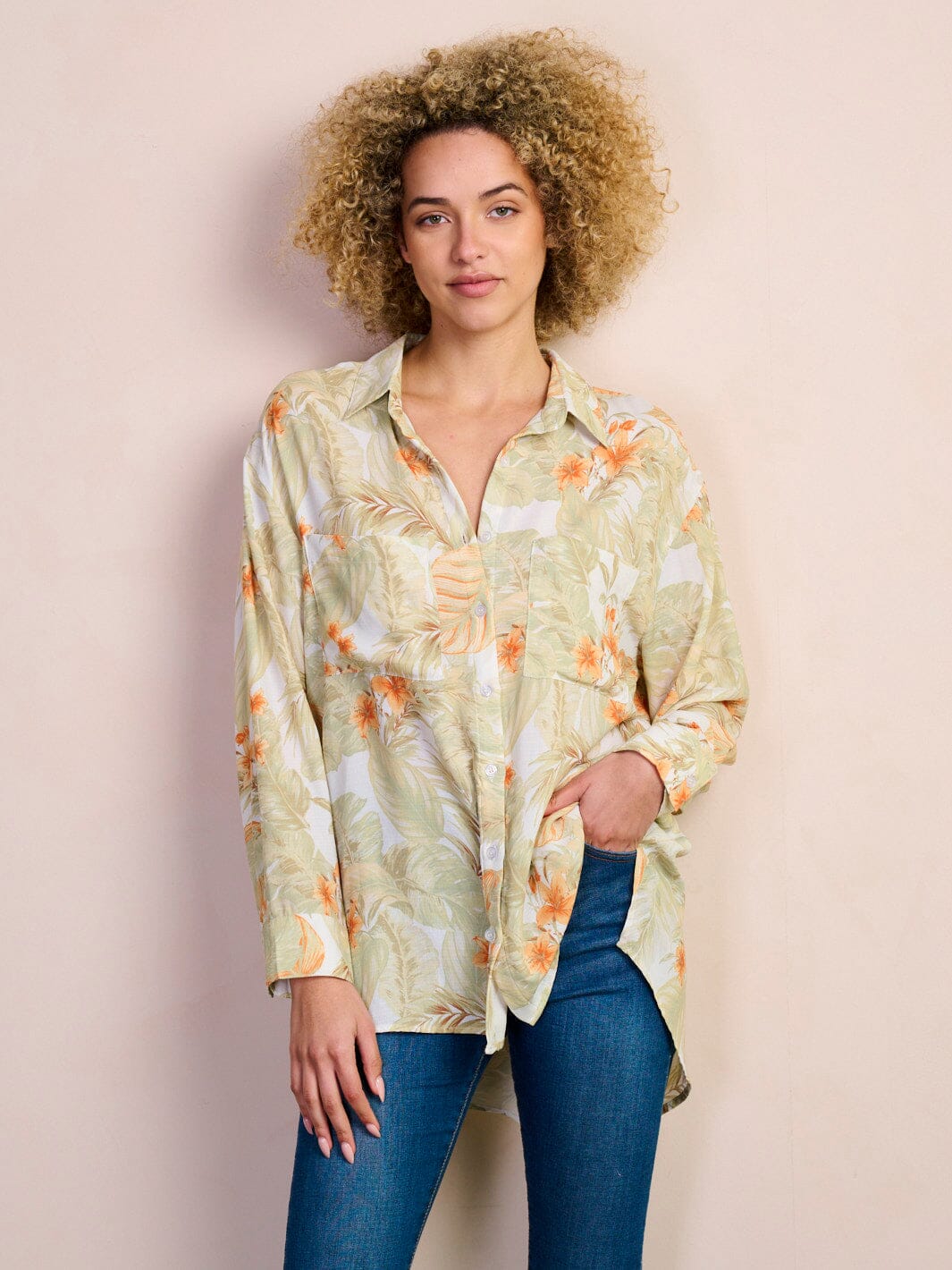 WOMEN'S LONG SLEEVE BUTTON UP FRONT POCKET LEAF PRINT BLOUSE TOP