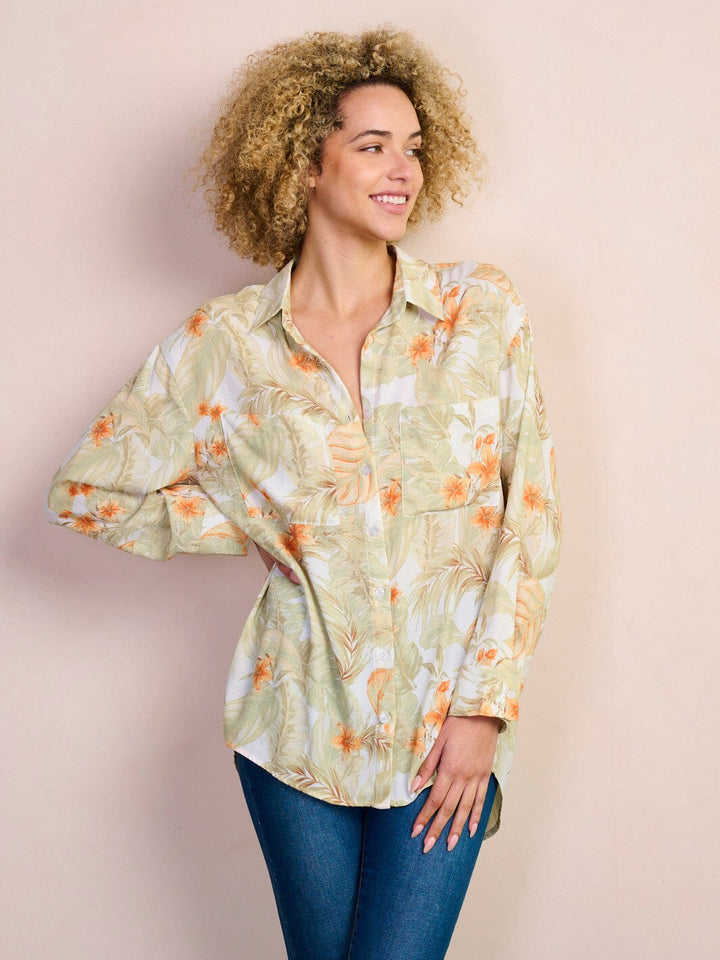 WOMEN'S LONG SLEEVE BUTTON UP FRONT POCKET LEAF PRINT BLOUSE TOP