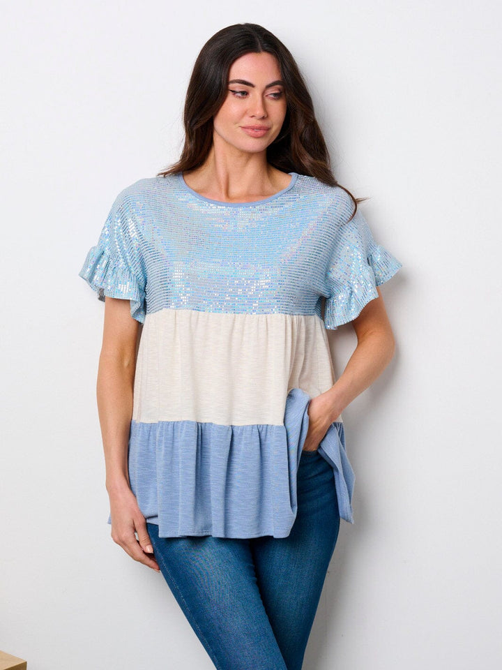 WOMEN'S SHORT SLEEVE TIERED COLORBLOCK TUNIC SEQUINS TOP