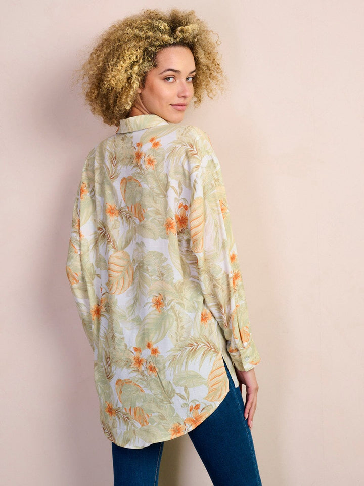 WOMEN'S LONG SLEEVE BUTTON UP FRONT POCKET LEAF PRINT BLOUSE TOP