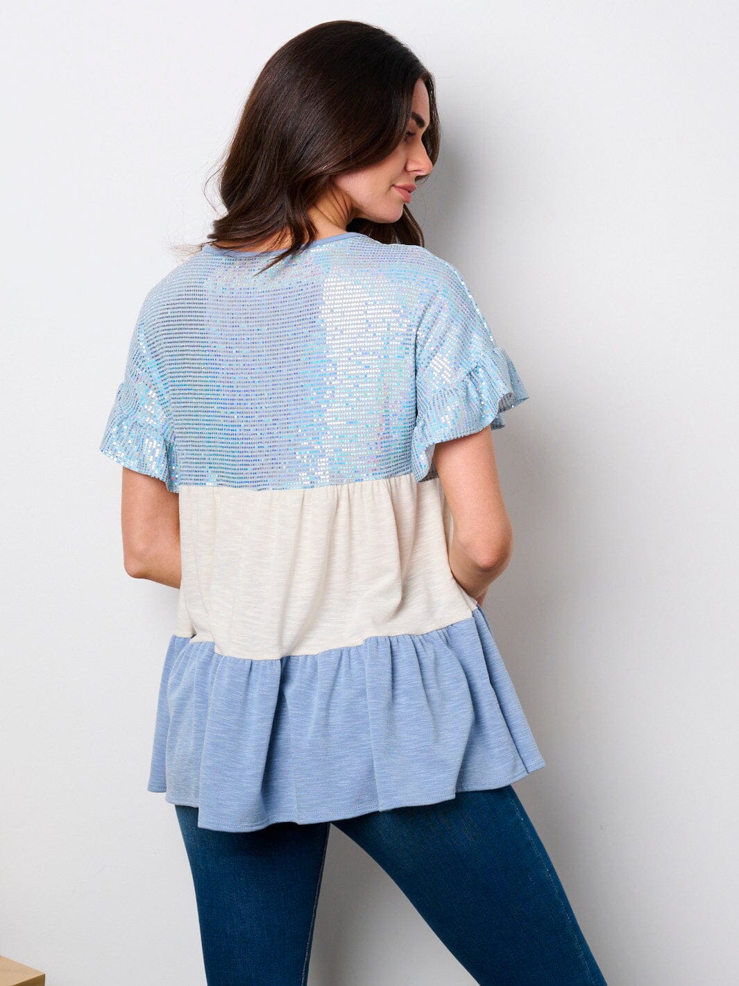 WOMEN'S SHORT SLEEVE TIERED COLORBLOCK TUNIC SEQUINS TOP