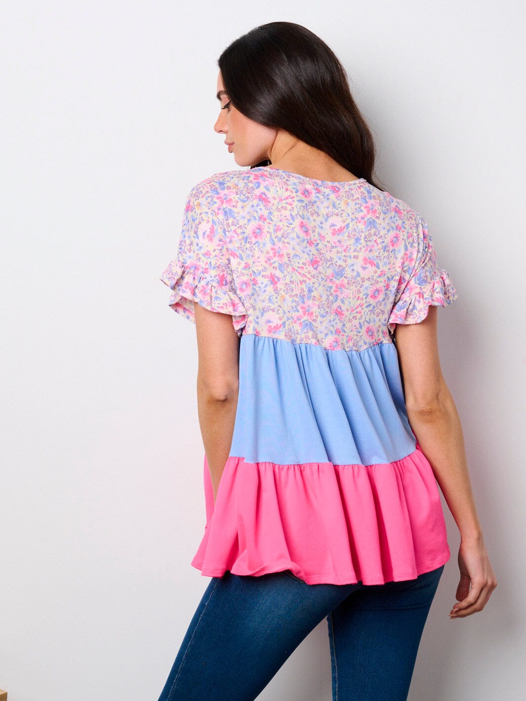 WOMEN'S SHORT SLEEVE TIERED COLORBLOCK TUNIC TOP
