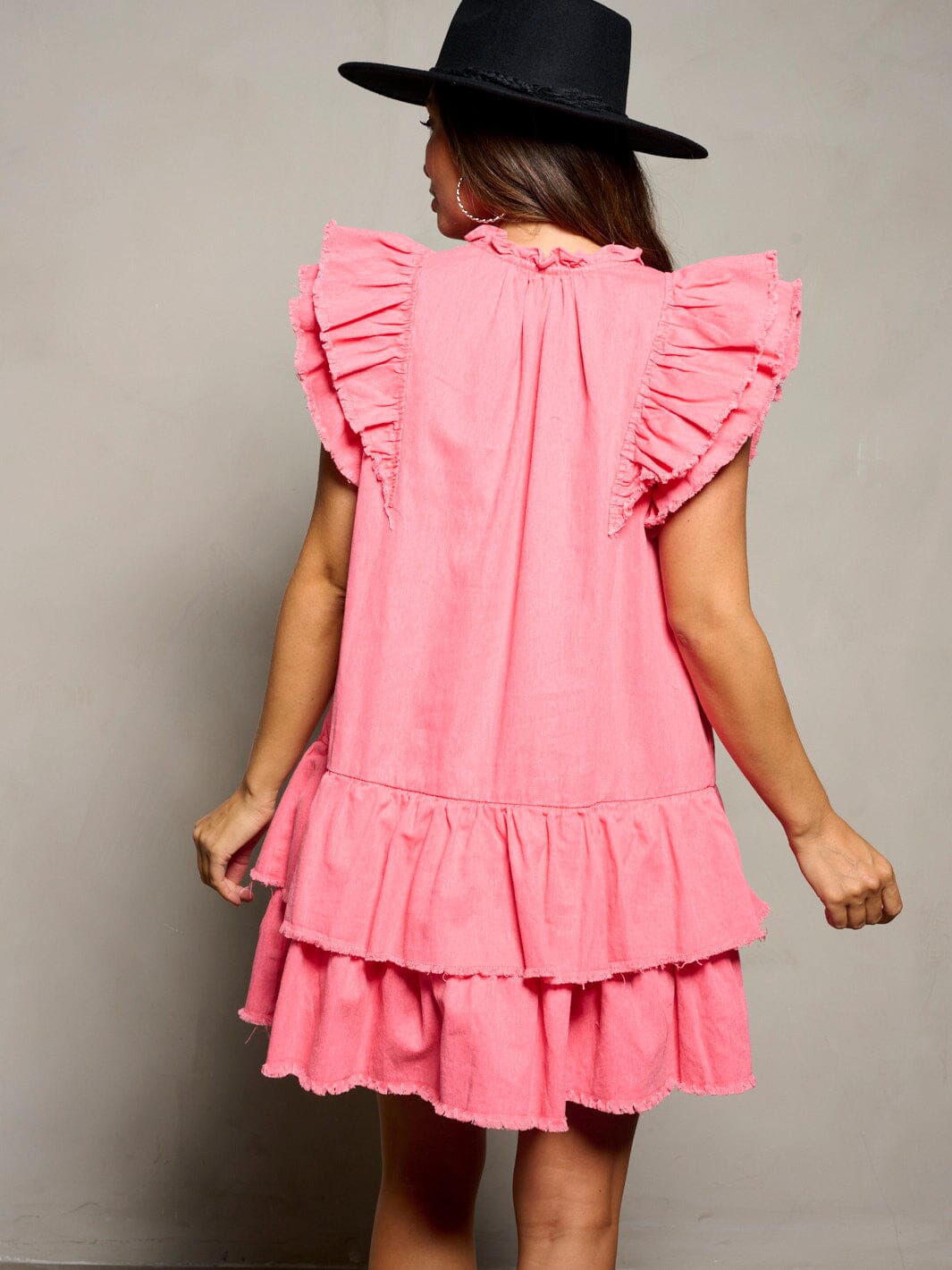 WOMEN'S SHORT RUFFLE SLEEVE V-NECK TIERED TUNIC MINI DRESS