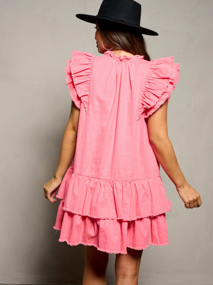 WOMEN'S SHORT RUFFLE SLEEVE V-NECK TIERED TUNIC MINI DRESS