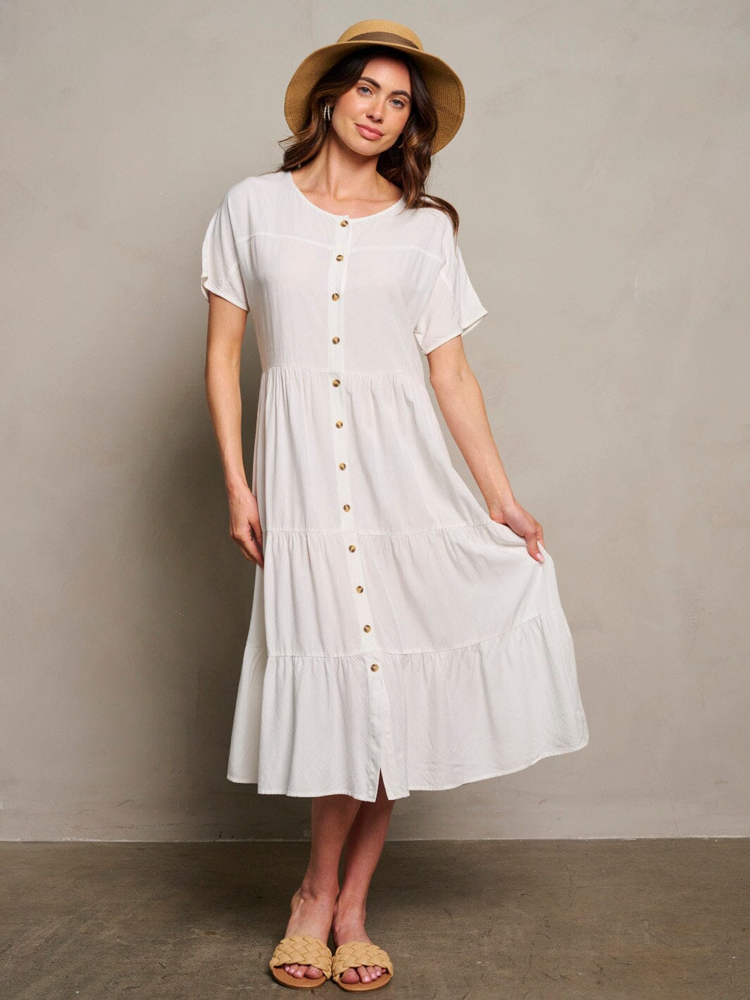 WOMEN'S SHORT SLEEVE TIERED BUTTON UP MAXI DRESS