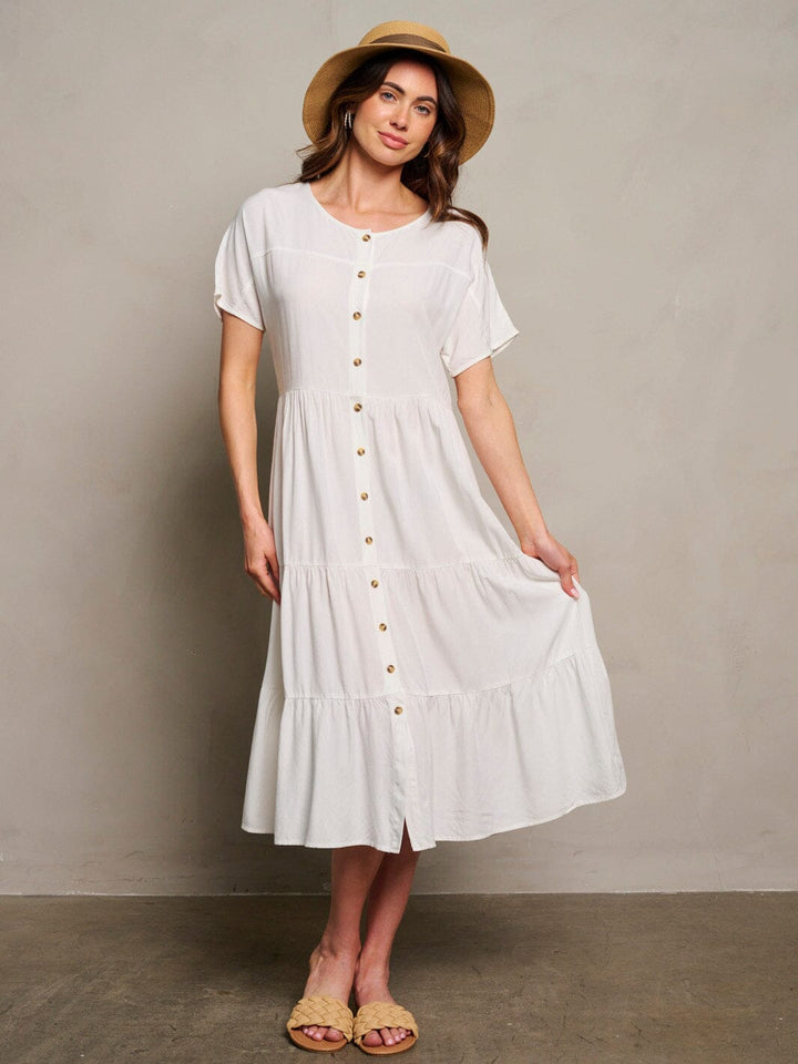 WOMEN'S SHORT SLEEVE TIERED BUTTON UP MAXI DRESS