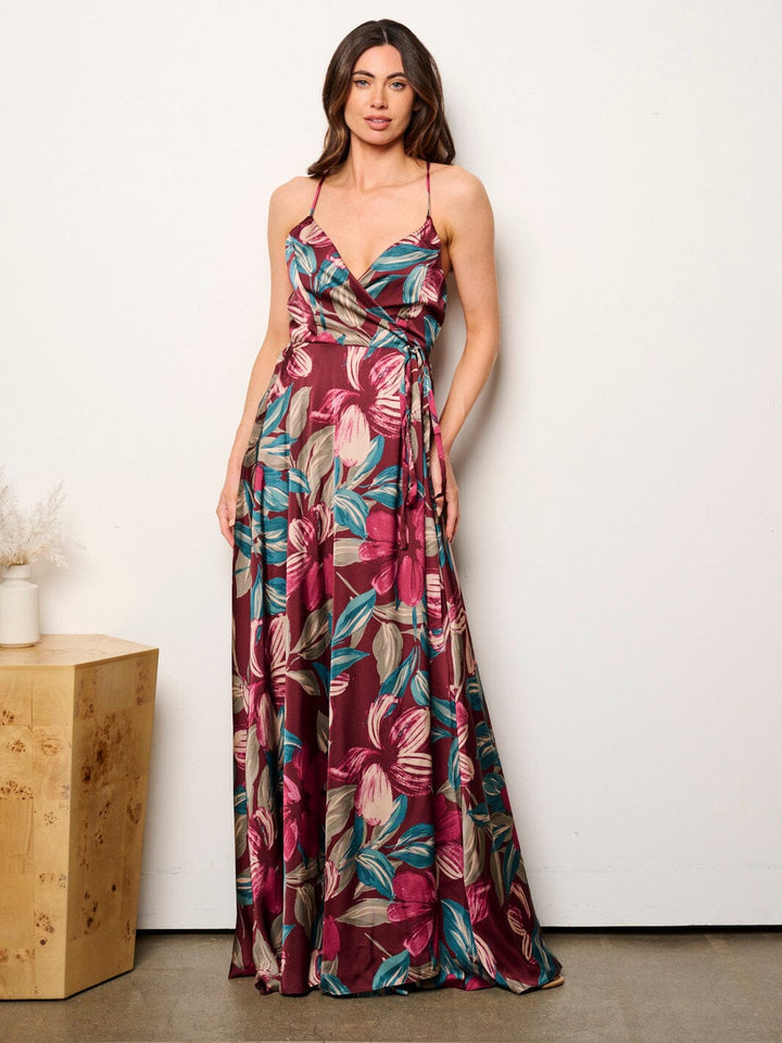 WOMEN'S SLEEVELESS V-NECK OPEN BACK FLORAL WRAP MAXI DRESS