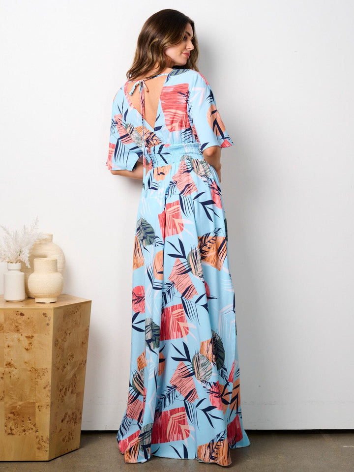 WOMEN'S SHORT SLEEVE SURPLICE SMOCK WAIST PRINTED MAXI DRESS