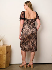 PLUS SIZE SHORT SLEEVE SURPLICE LACE MIDI DRESS